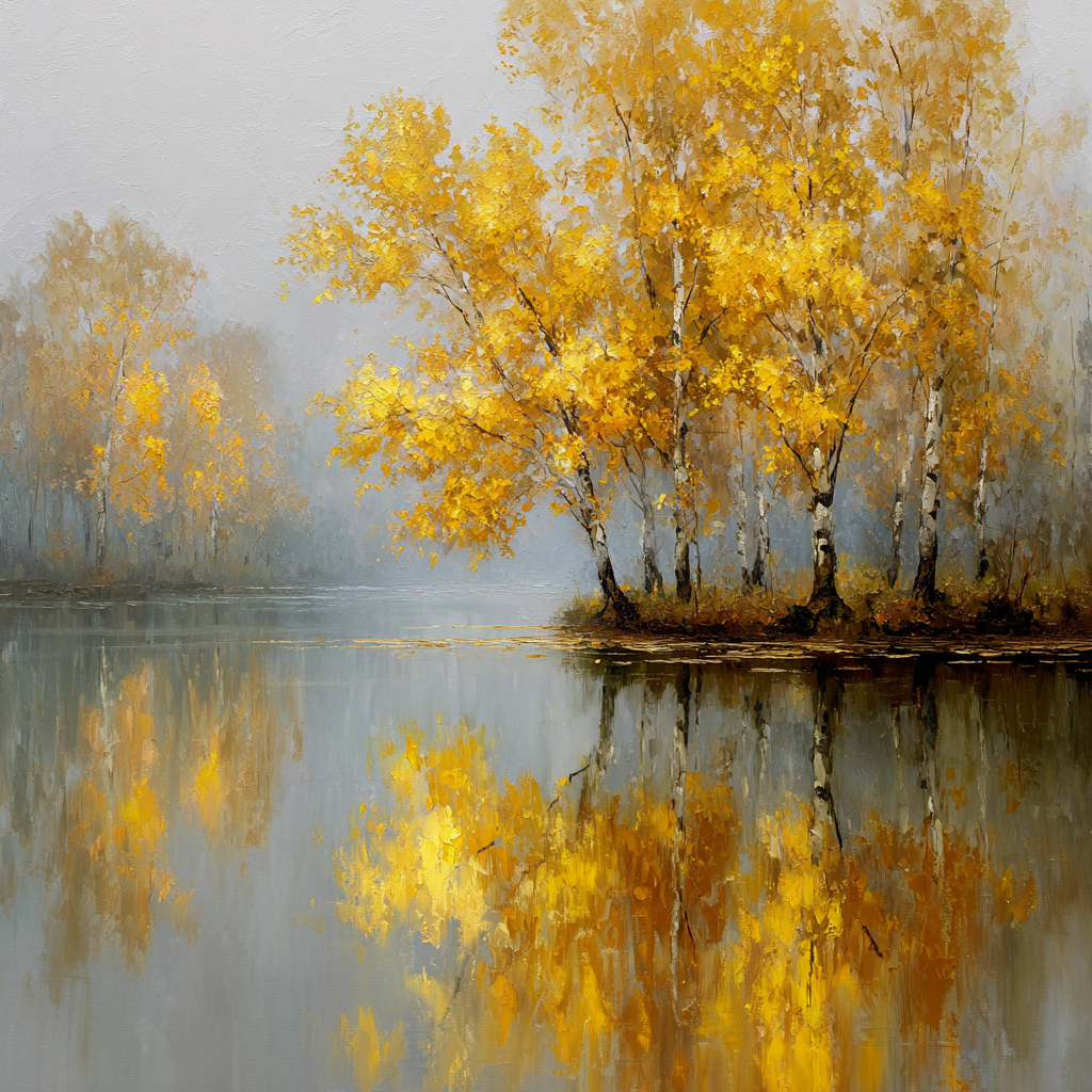 Herbstliche Birkenlandschaft mit gelbem Laub, Nebel und ruhiger Wasserspiegelung.
