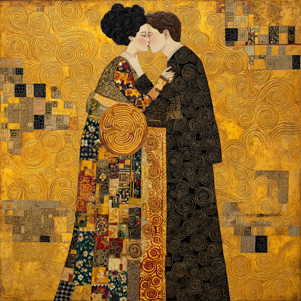 Zwei Figuren in goldenen, ornamentalen Mustern umarmen sich vor spiralförmigem,
dekorativem Hintergrund.
