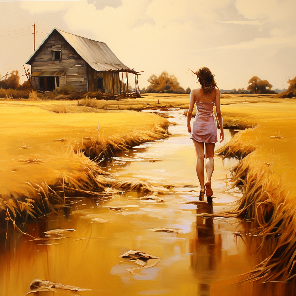 Eine Frau geht barfuß auf einem goldenen Wasserpfad zwischen gelben Feldern, im Hintergrund eine alte Hütte unter hellem Himmel.
