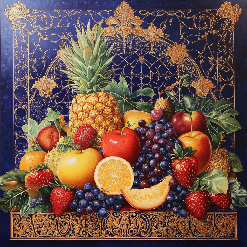 Üppiges Stillleben mit Früchten vor golden-blauem Ornamenthintergrund
