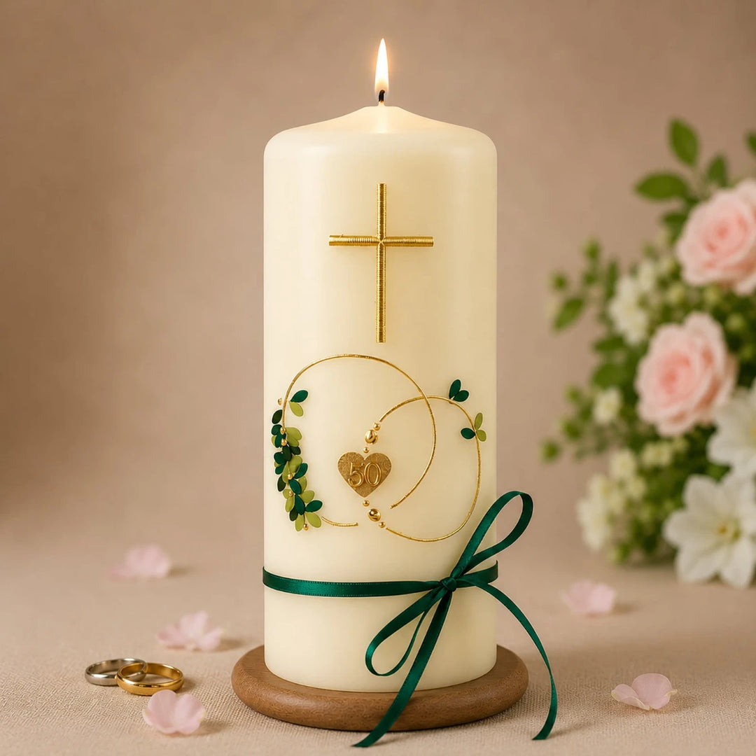 Handverzierte Goldhochzeitskerze aus  elfenbeinfarbenem Wachs mit Goldringen, Herz zum 50. Hochzeitstag, Goldkreuz und grüner Schleife.