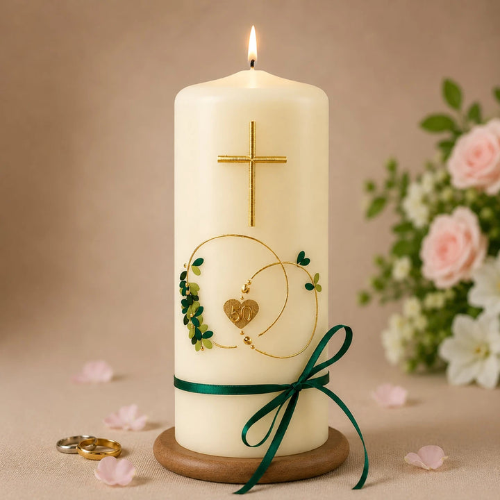 Handverzierte Goldhochzeitskerze aus  elfenbeinfarbenem Wachs mit Goldringen, Herz zum 50. Hochzeitstag, Goldkreuz und grüner Schleife.