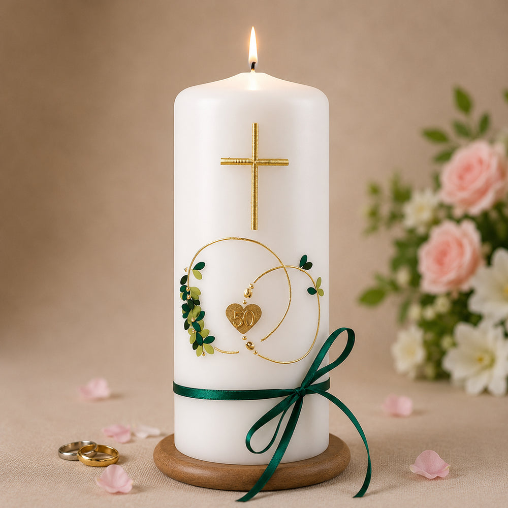 Handverzierte Goldhochzeitskerze aus weißem  Wachs mit Goldringen, Herz zum 50. Hochzeitstag, Goldkreuz und grüner Schleife.