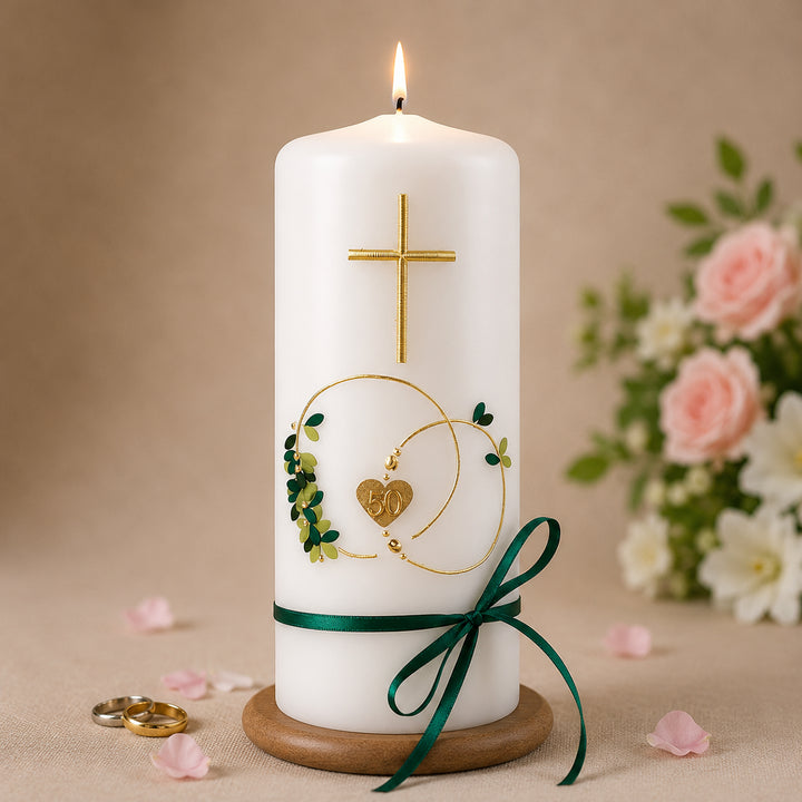 Handverzierte Goldhochzeitskerze aus weißem  Wachs mit Goldringen, Herz zum 50. Hochzeitstag, Goldkreuz und grüner Schleife.