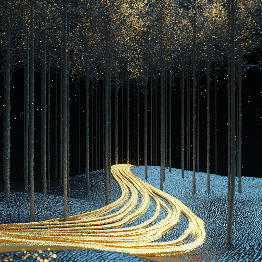 Mystischer Wald mit einem leuchtenden goldenen Pfad, der sich durch dunkle Bäume schlängelt – funkelnde Lichtpunkte in der Nacht.

