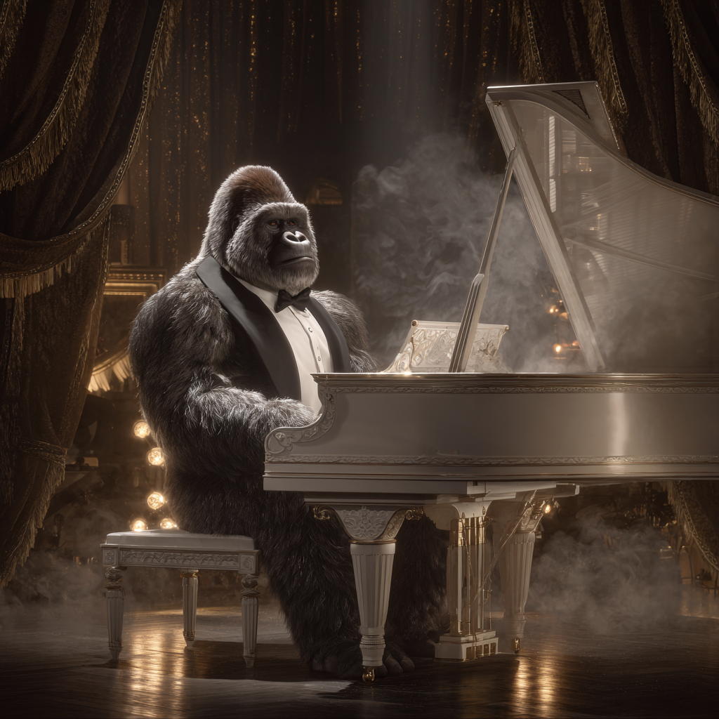 Ein Gorilla im Smoking sitzt an einem weißen Flügel und spielt Klavier, umgeben von dramatischem Bühnenlicht und Rauch – humorvoll und majestätisch zugleich.
