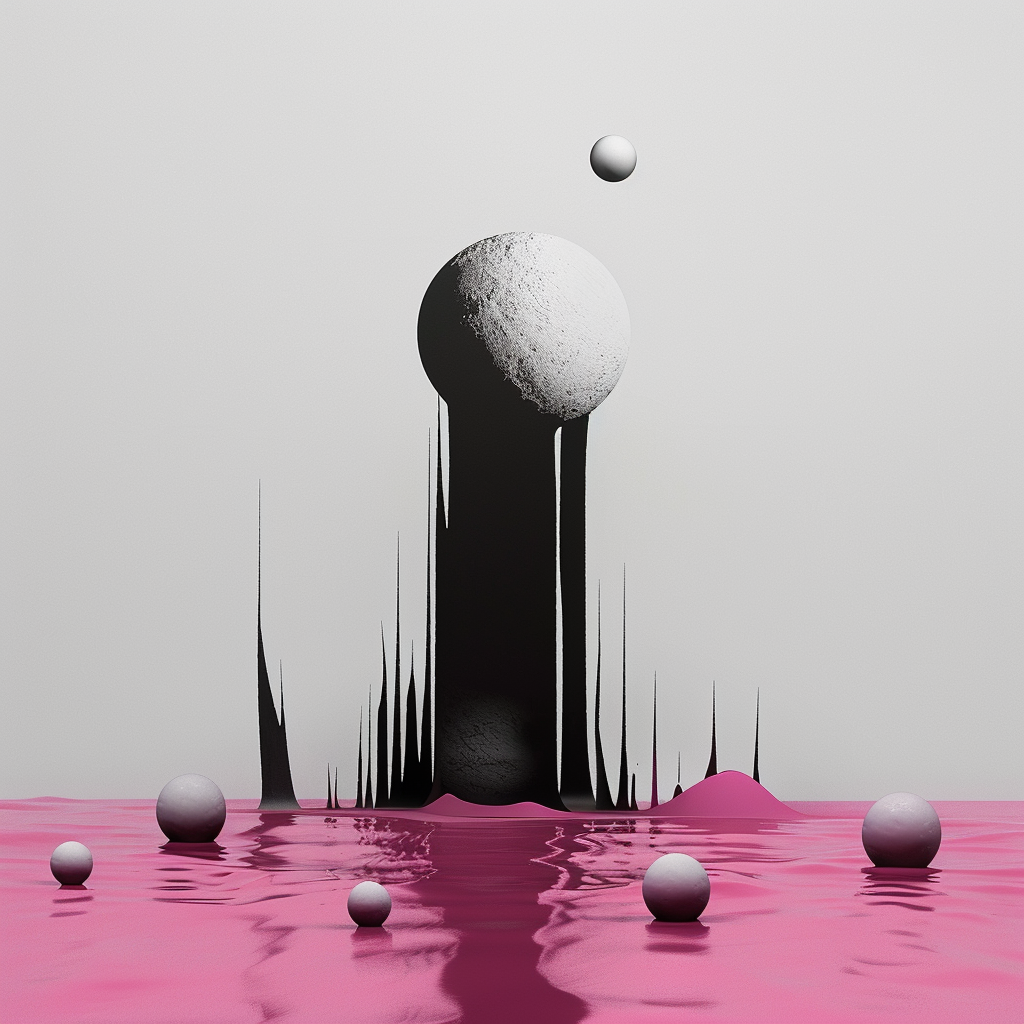 minimalistische komposition mit schwarzen formen und weißen kugeln über pinker fläche
