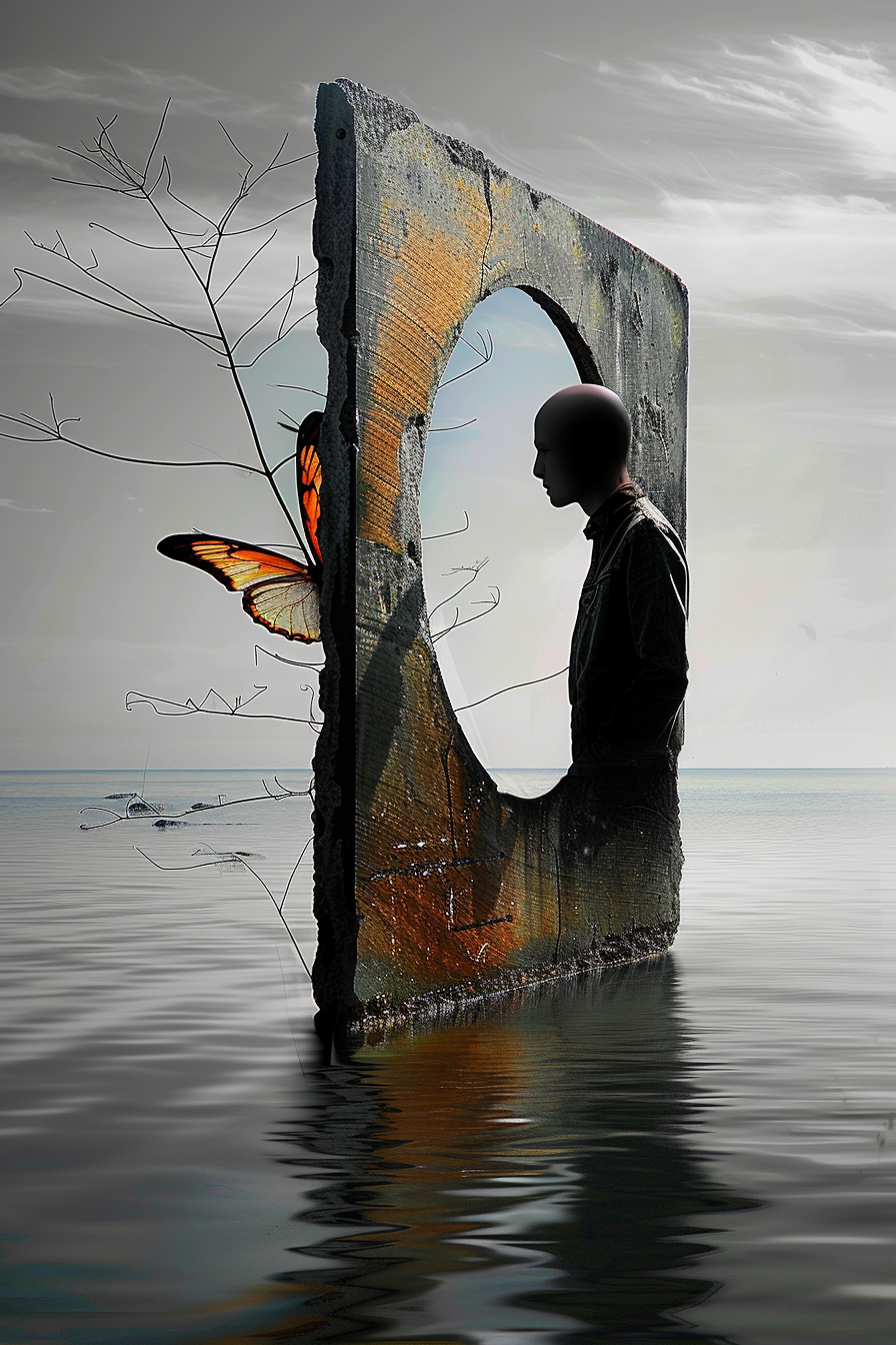 Surreale Szene mit einer Figur, die durch eine zerbrochene Betonwand blickt, während ein Schmetterling am Rand erscheint – Symbol für Grenze, Übergang und Transformation.
