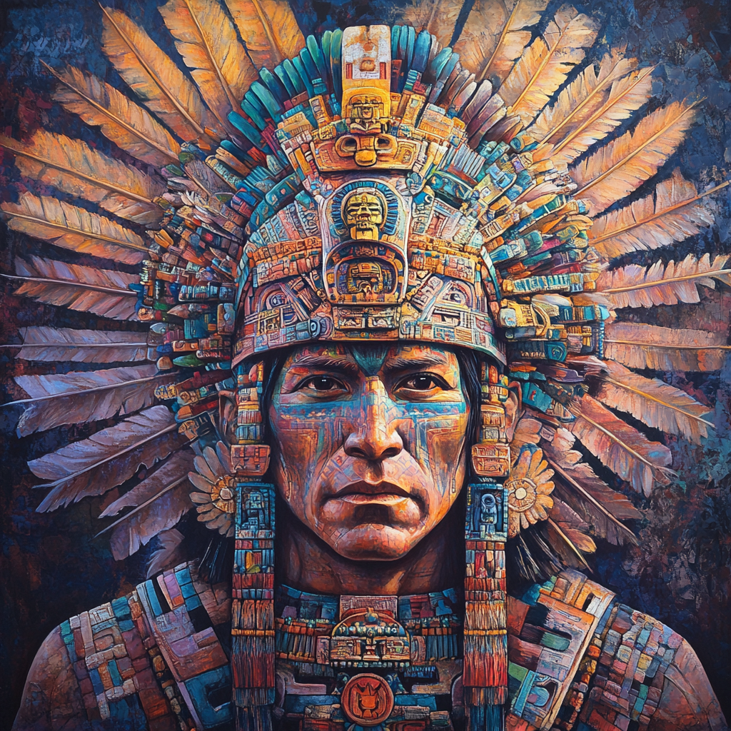 Porträt eines Kriegers mit aufwendig gearbeiteter, aztekisch inspirierten Kopfbedeckung aus Federn und Steinornamenten in leuchtenden Farben.
