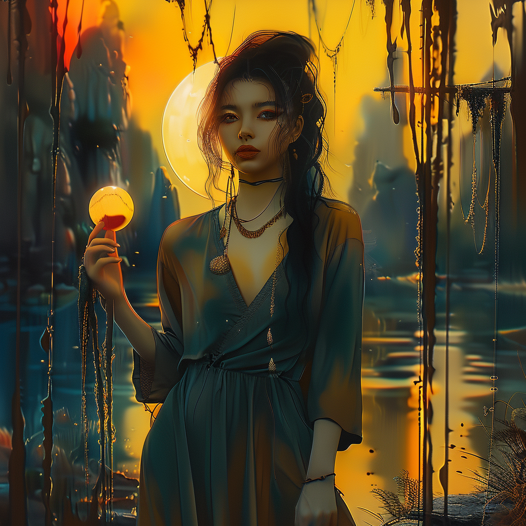 Mystisches Porträt einer Frau im goldenen Licht des Sonnenuntergangs, die eine leuchtende Kugel in der Hand hält.
