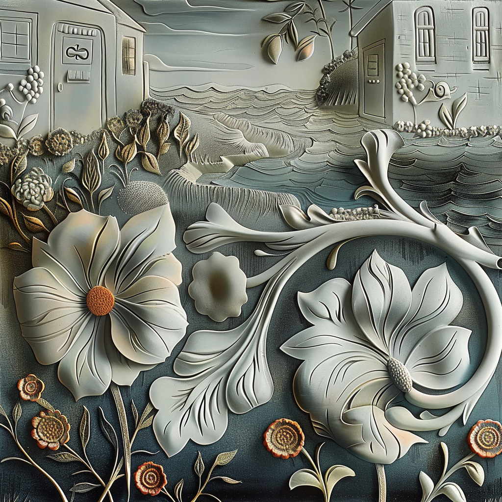 Reliefartige Landschaft mit großen Blumen im Vordergrund und zwei Häusern am Horizont – sanfte Farben, feine Strukturen und eine Komposition zwischen Natur und Architektur.
