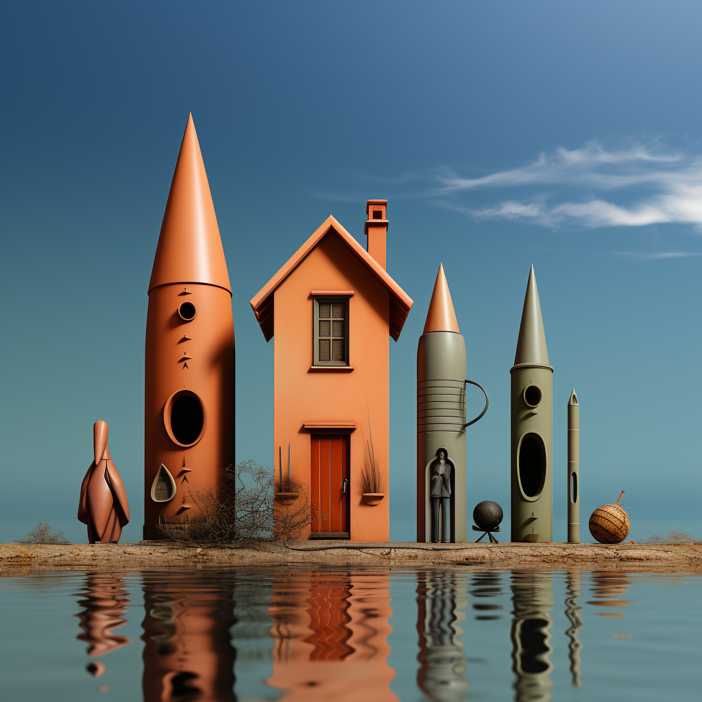 Surreale Häuser und turmartige Formen am Wasserufer – eine stille, symbolische Komposition aus geometrischer Architektur und träumerischer Atmosphäre.
