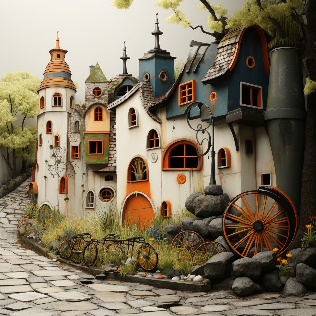 Märchenhafte Häuserreihe mit verspielter Architektur, runden Fenstern und geschwungenen Dächern – von Natur umgeben, mit alten Fahrrädern und Wagenrädern am Wegesrand.
