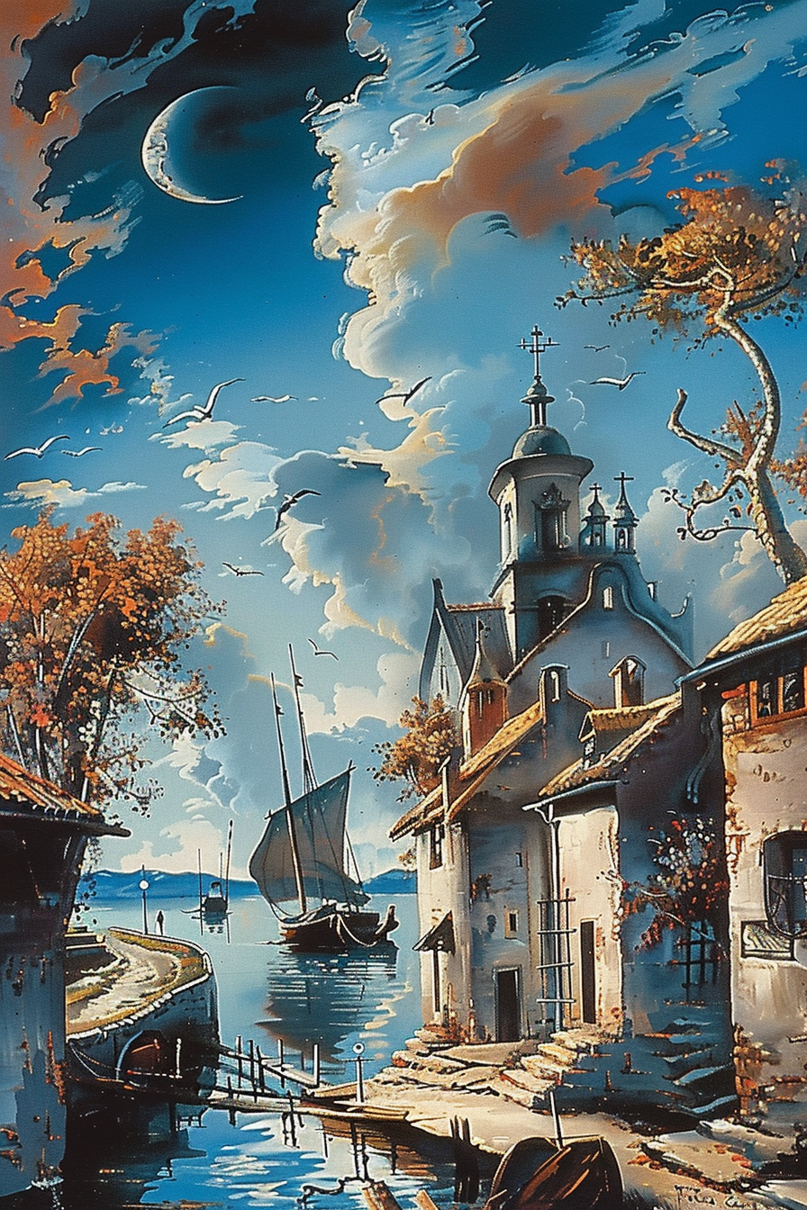 Romantische Hafenszene unter einem nächtlichen Himmel mit Mondsichel und ziehenden Wolken – Boote, Kirche und sanftes Licht in einer surreal-poetischen Stimmung.
