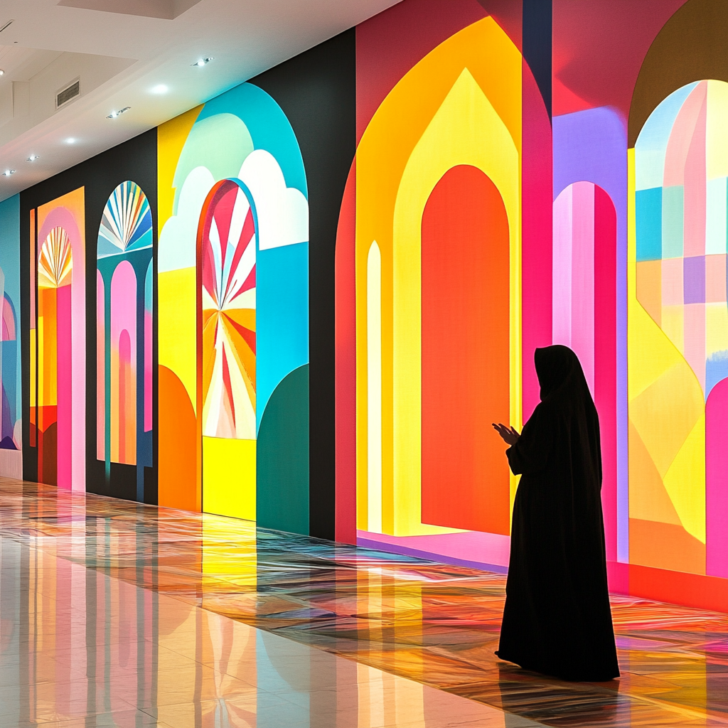 Frau in schwarzer Kleidung steht vor einer langen Wand aus farbenfrohen, abstrakten Torbögen in leuchtenden Tönen von Gelb, Rot, Blau und Pink; reflektierender Boden im modernen Raum.
