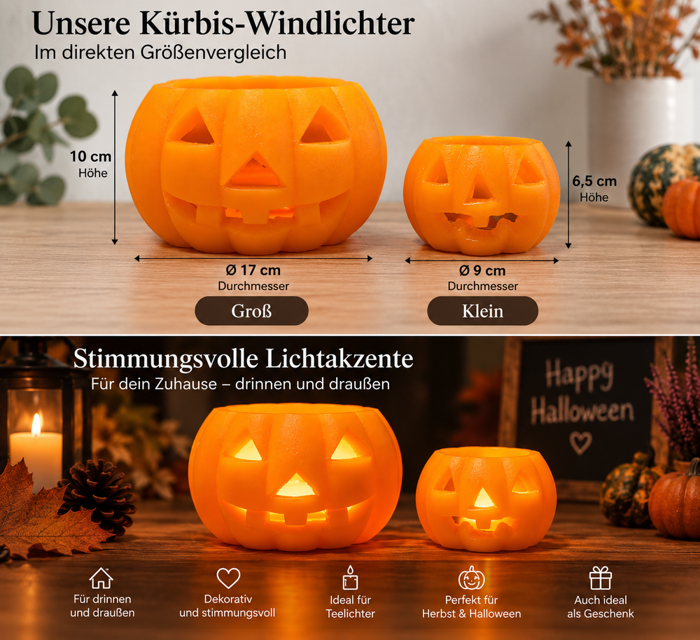 Kürbis-Windlichter aus Wachs – Größenvergleich: groß Ø 17 cm, Höhe 10 cm und klein Ø 9 cm, Höhe 6,5 cm