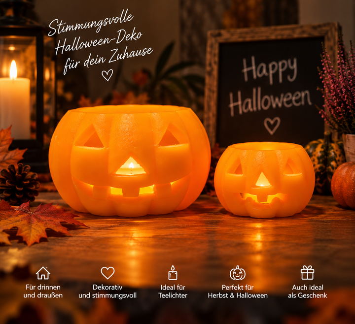 Halloween Kürbis-Windlichter aus Wachs mit Teelicht in stimmungsvoller Herbstdekoration