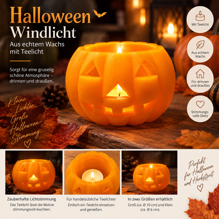 Halloween Windlicht Kürbis aus Wachs mit Teelicht – in zwei Größen