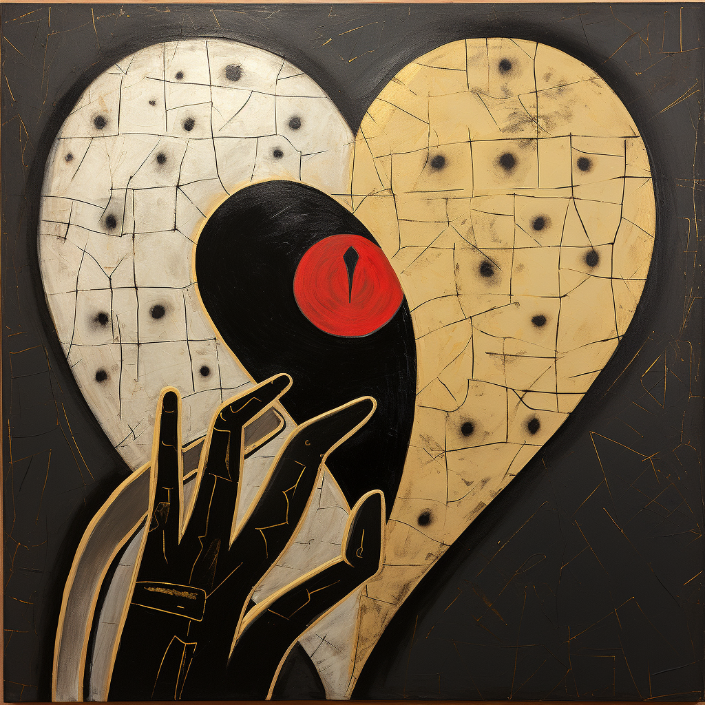 Abstraktes Gemälde mit schwarzer Hand und Herzform in Gold- und Schwarztönen
