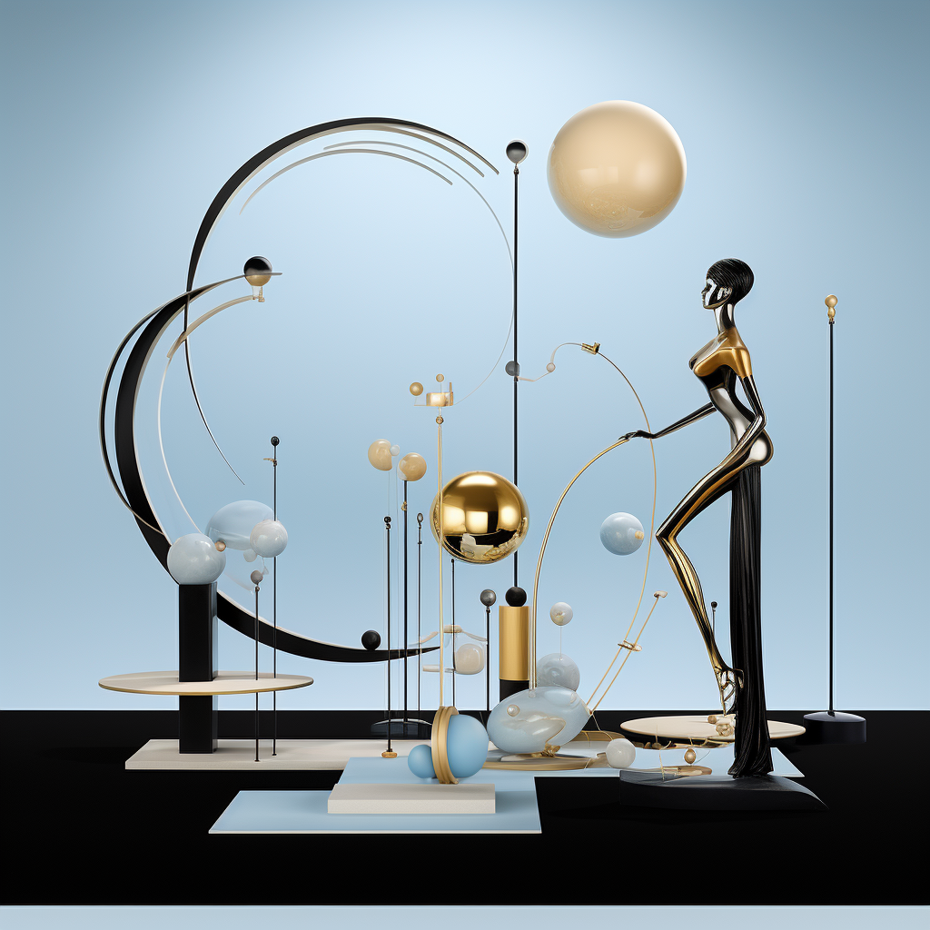 Abstrakte 3D-Komposition mit einer eleganten schwarzen Figur, umgeben von goldenen und blauen Kugeln, Kreisen und geometrischen Strukturen auf hellblauem Hintergrund.
