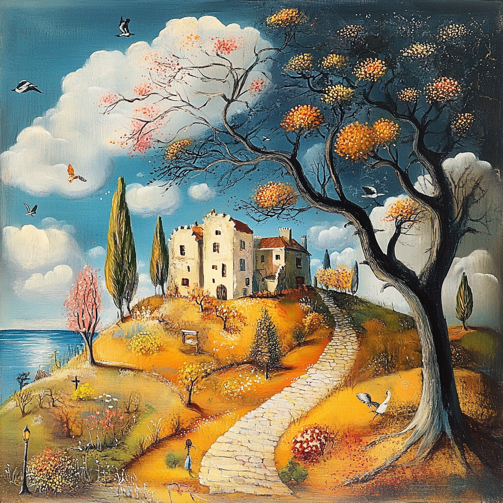 Malerisches Haus auf einem herbstlich gefärbten Hügel mit Bäumen und Vögeln unter blauem Himmel
