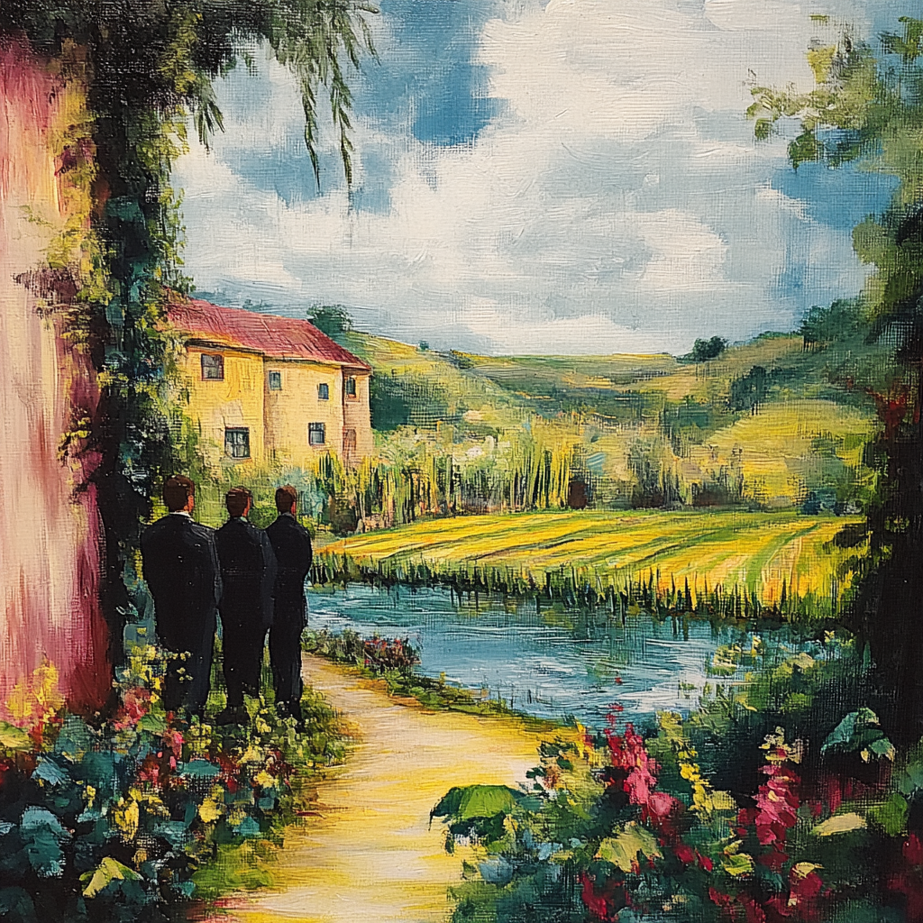 Drei Personen stehen auf einem Pfad vor einem gelben Haus und blicken über einen Teich in eine Hügellandschaft
