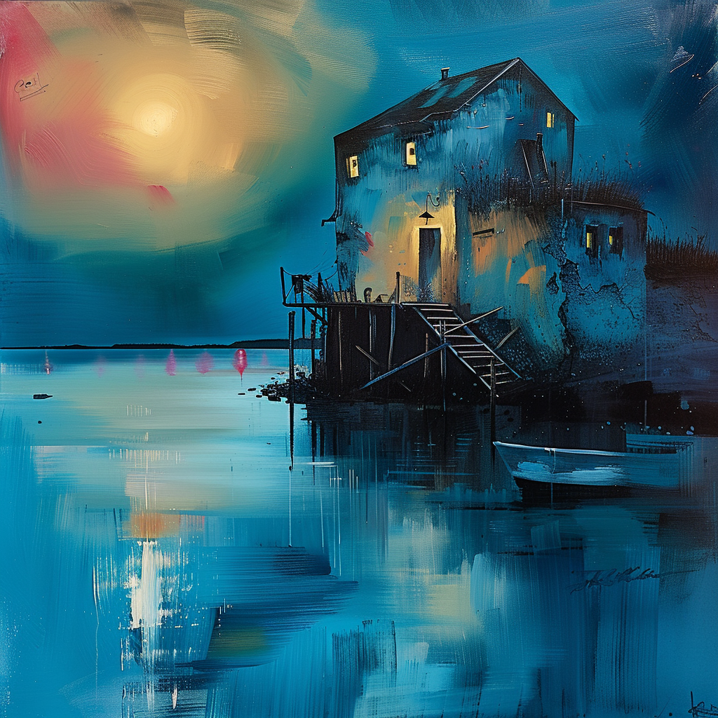 altes haus am wasser mit beleuchteten fenstern bei nacht
