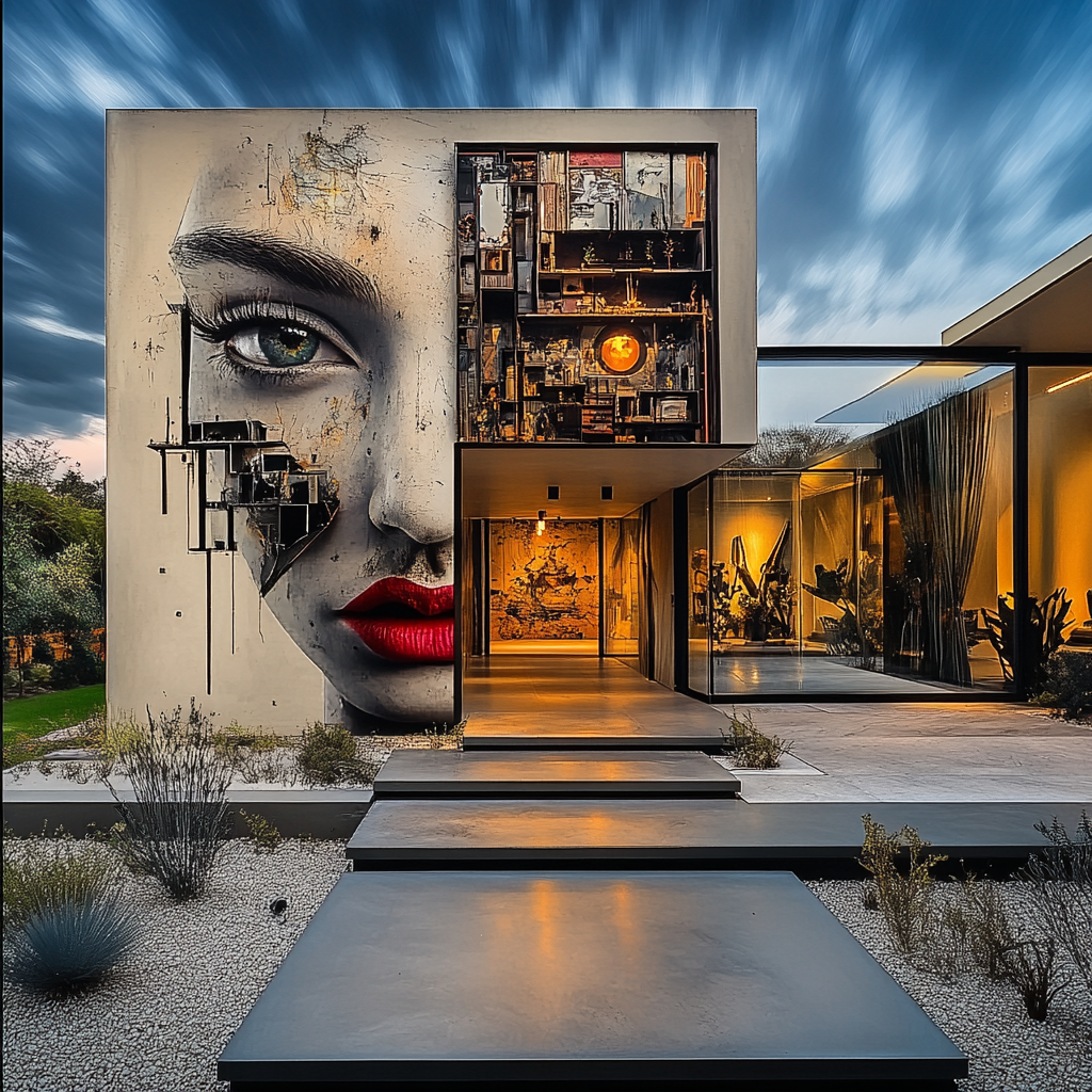 Modernes Gebäude mit großflächigem Wandbild eines Frauengesichts – das Auge blickt intensiv, während die Architektur Kunst, Raum und Identität miteinander verschmelzen lässt.
