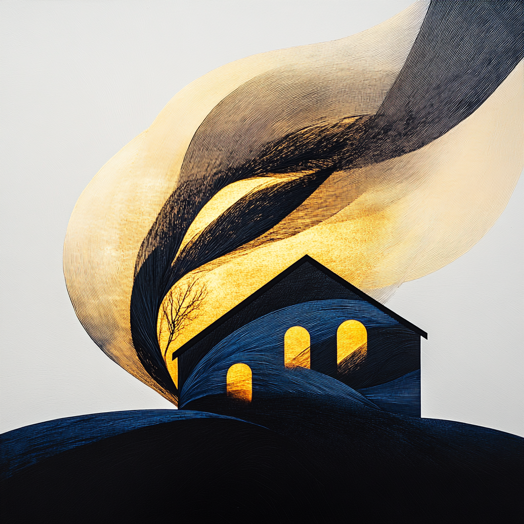 abstraktes haus mit leuchtenden fenstern und goldener lichtbewegung am himmel
