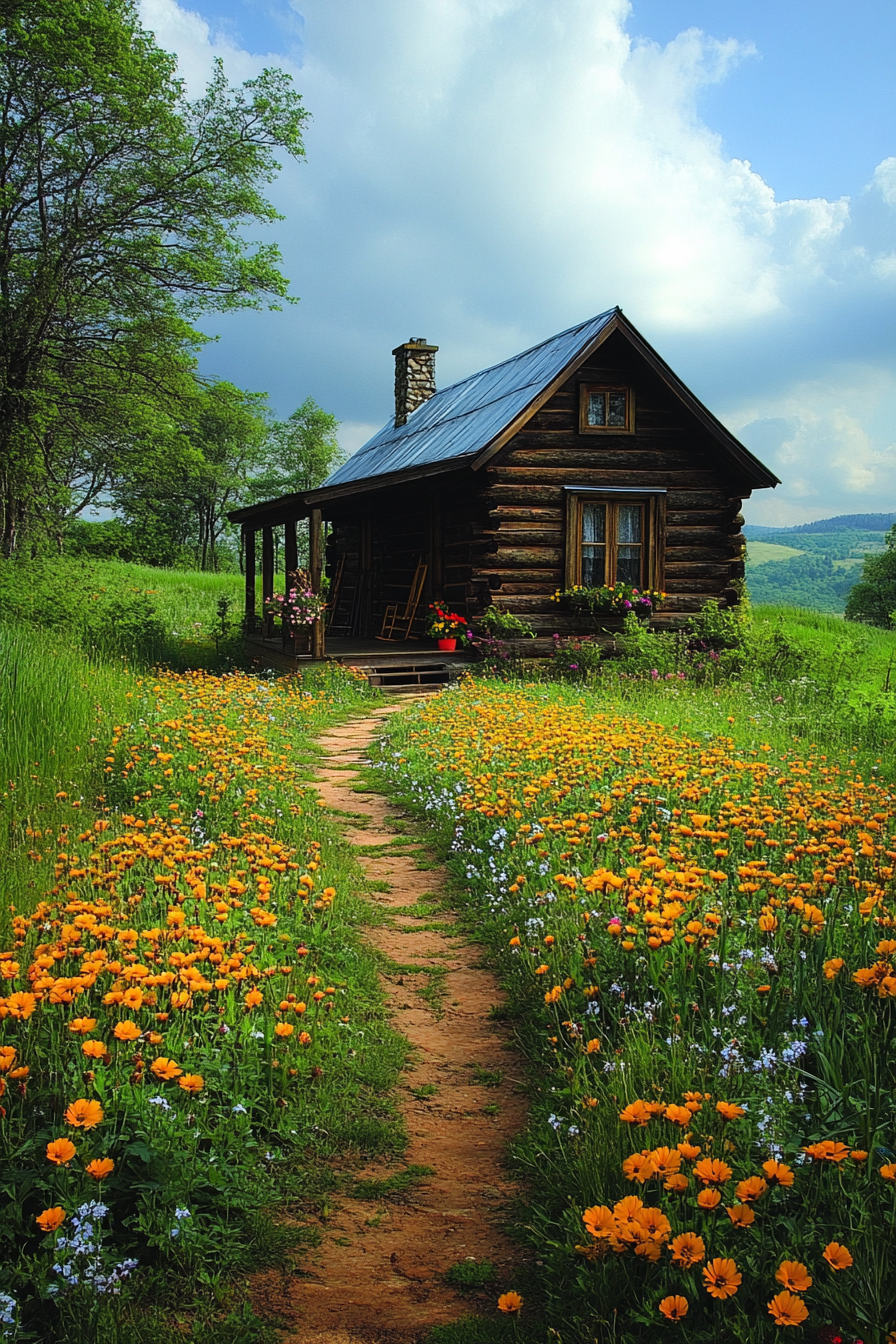 Kleines Holzhaus auf einer Wiese voller orangefarbener Blumen, mit einem schmalen Pfad, der zur Veranda führt – idyllische Landschaft unter blauem Himmel.
