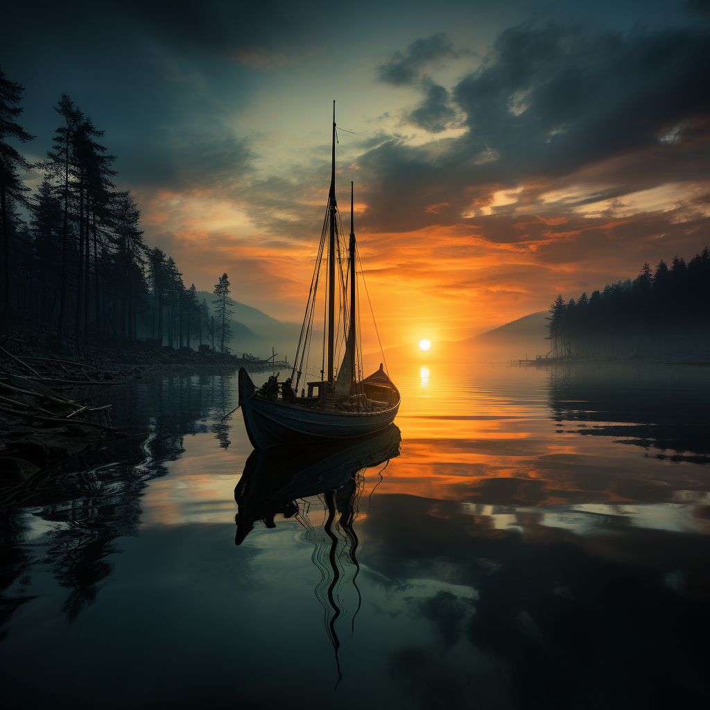 Ein Segelboot gleitet bei Sonnenuntergang über einen stillen See, umgeben von Bäumen und Bergen im Hintergrund.
