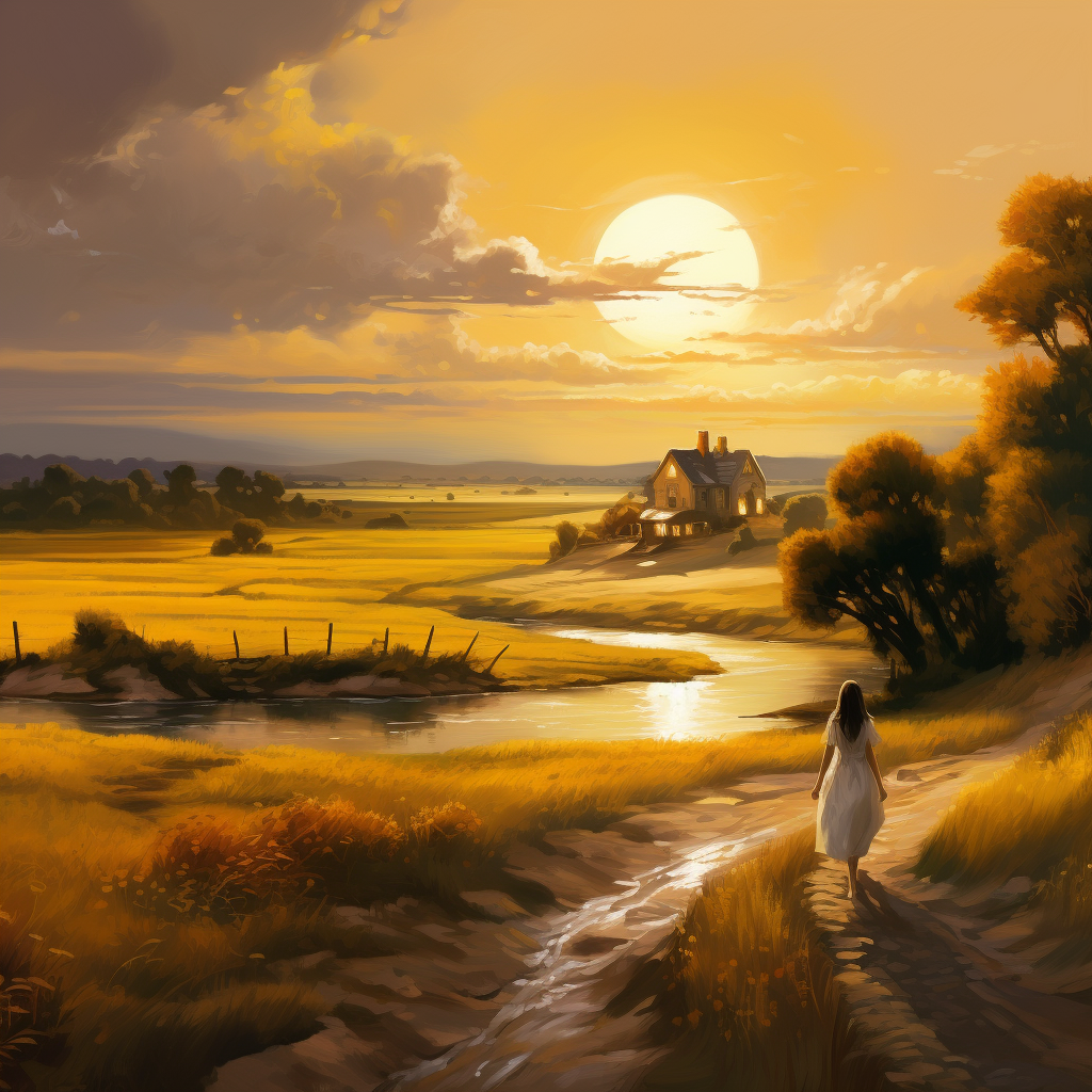 frau geht auf einem pfad durch goldene felder bei sonnenuntergang, haus in der ferne
