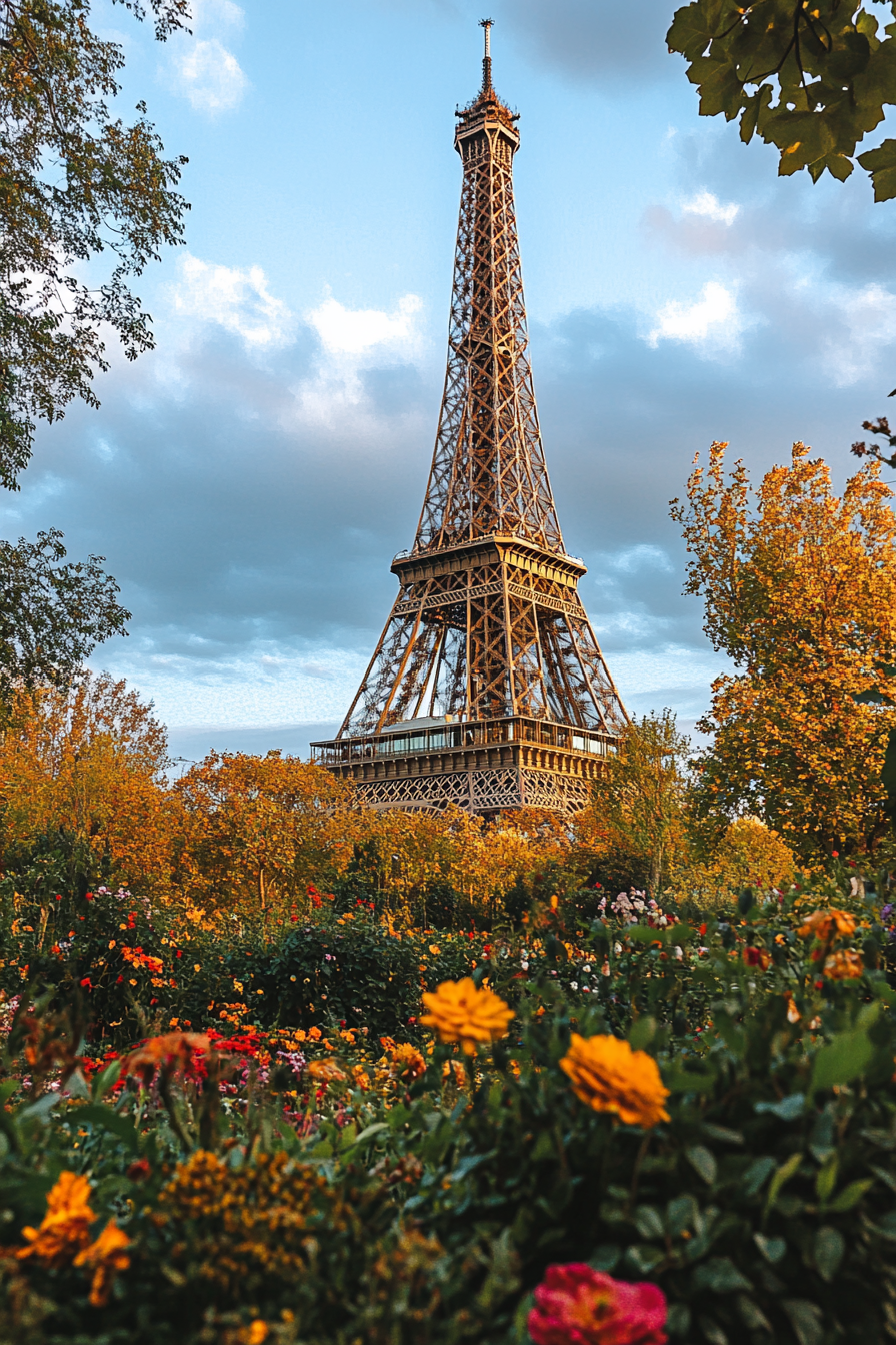 Der Eiffelturm im goldenen Licht des Herbstes, umgeben von bunten Blumen und herbstlich gefärbten Bäumen unter einem wolkigen Himmel.
