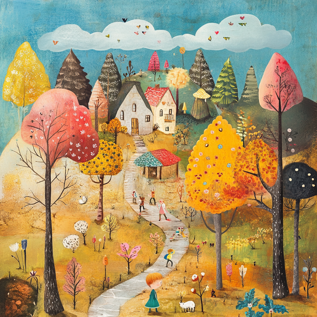 Bunte, verspielte Illustration eines herbstlichen Dorfes mit Kindern, die auf einem Pfad zu einem weißen Haus auf einem Hügel laufen, umgeben von bunten Bäumen und Tieren.
