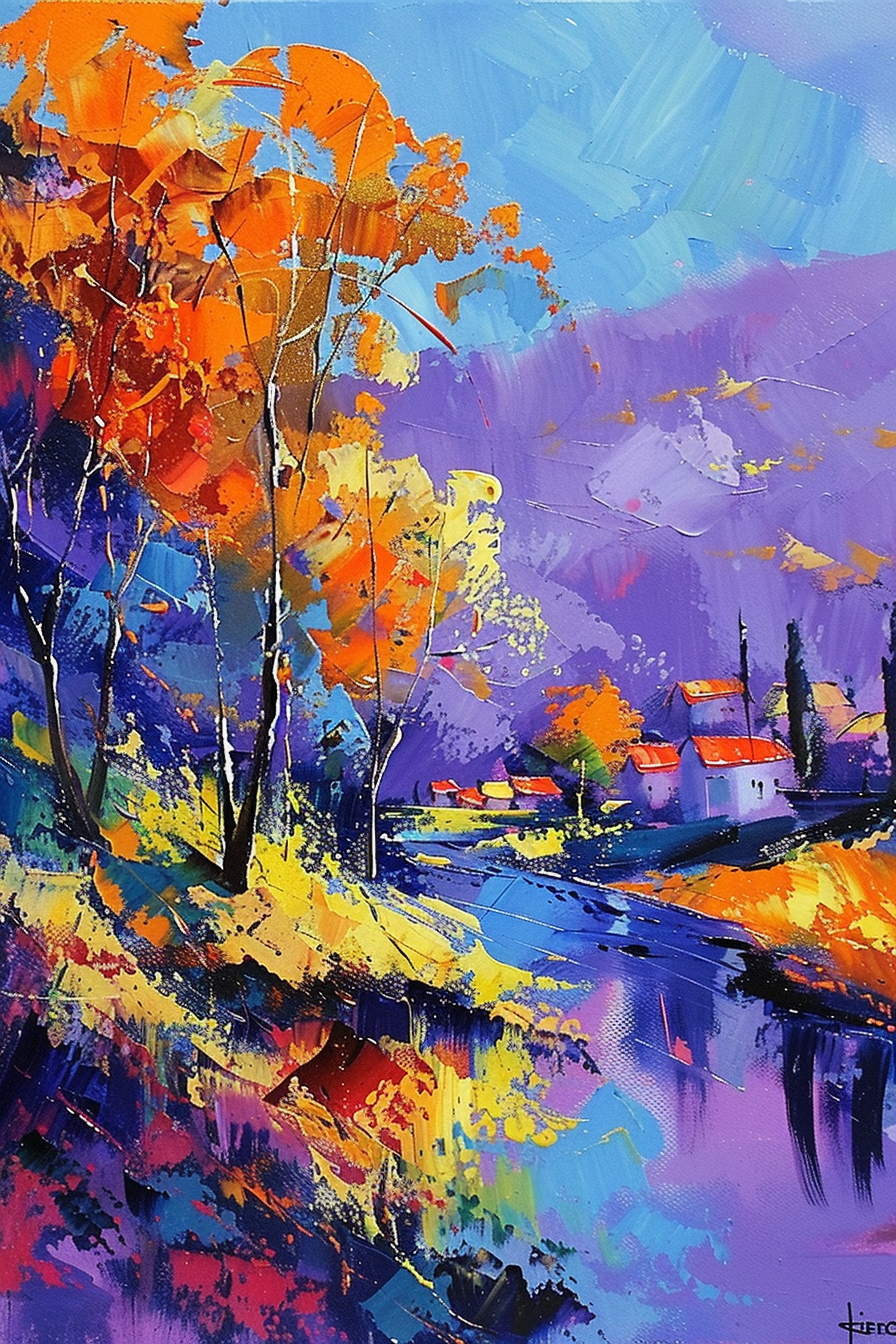 Farbenfrohe Herbstlandschaft mit leuchtenden Bäumen, einem Fluss und Häusern im Hintergrund, gemalt in kräftigen Orange-, Gelb- und Violetttönen.
