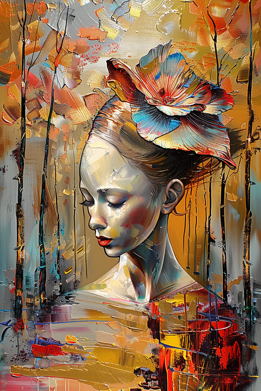 Das Porträt einer jungen Frau mit gesenktem Blick und einer großen, farbigen Blüte im Haar, vor einem abstrakten Hintergrund aus goldenen, roten und blauen Tönen.
