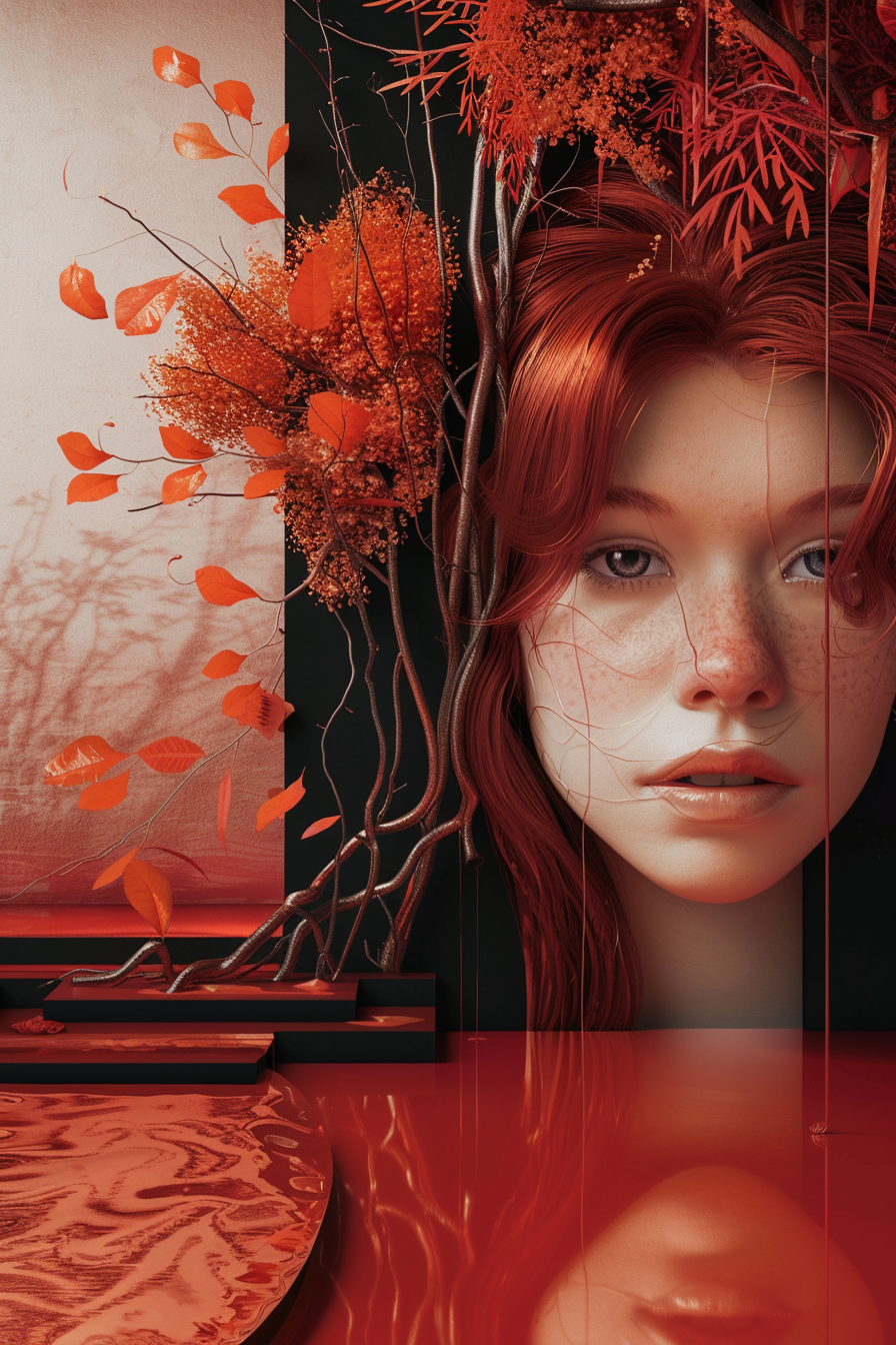 Ein Porträt einer jungen Frau mit rotem Haar, umrahmt von herbstlichen Zweigen und Blättern, die sich organisch in ihre Silhouette verweben.
