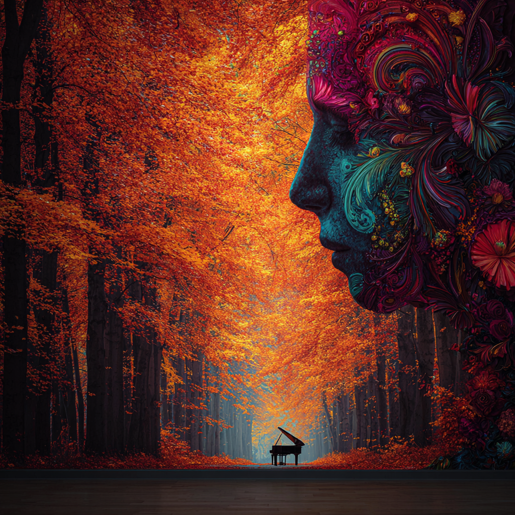 Leuchtender Herbstwald mit zentralem Klavier und großem ornamentalem
Gesichtsprofil am rechten Bildrand.
