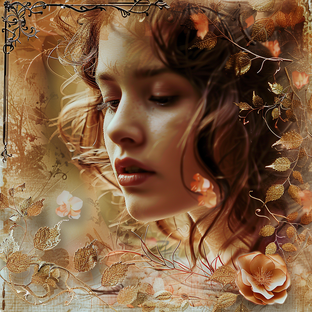 Porträt einer jungen Frau mit nachdenklichem Ausdruck, umgeben von goldenen Blättern und floralen Ornamenten in warmen Herbstfarben.
