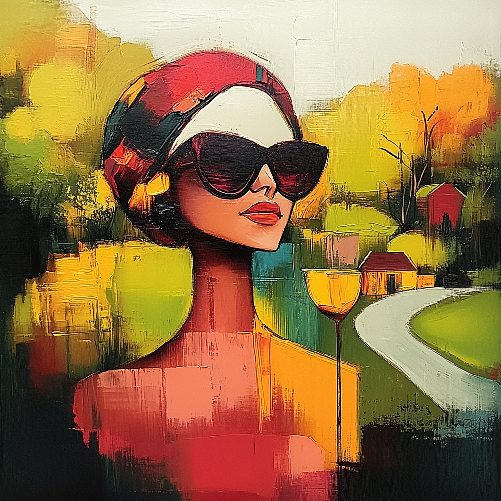 stilisierte frau mit sonnenbrille und weinglas in herbstlicher landschaft
