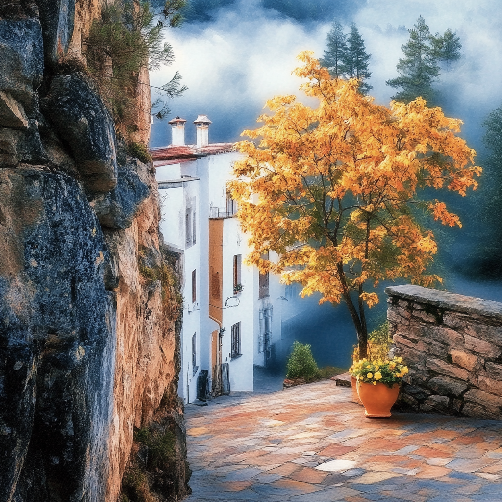 Ein malerisches Bergdorf im Morgennebel mit einem leuchtend gelben Baum in einem Terrakottatopf, umgeben von Felsen, weißen Häusern und einer stillen, gepflasterten Gasse.
