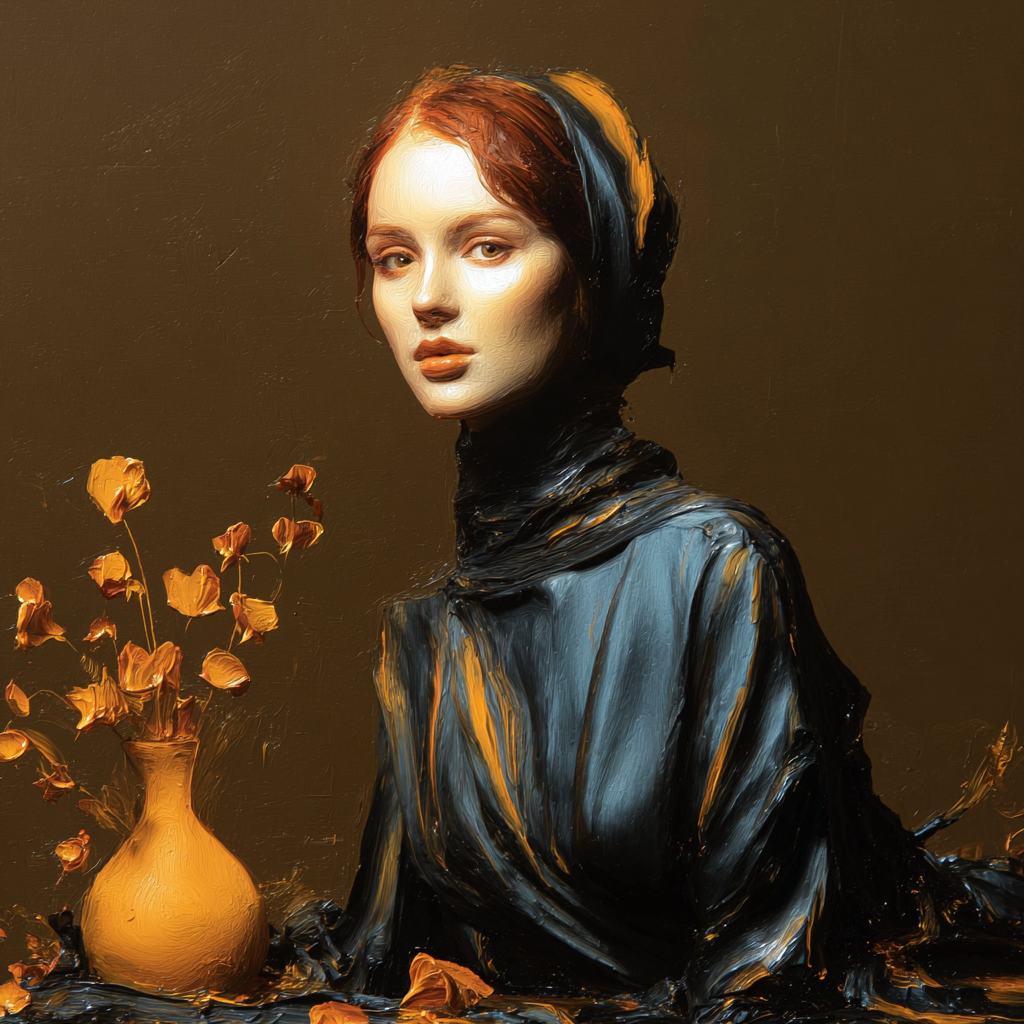 porträt einer frau in braunen und blauen tönen mit vase und blumen
