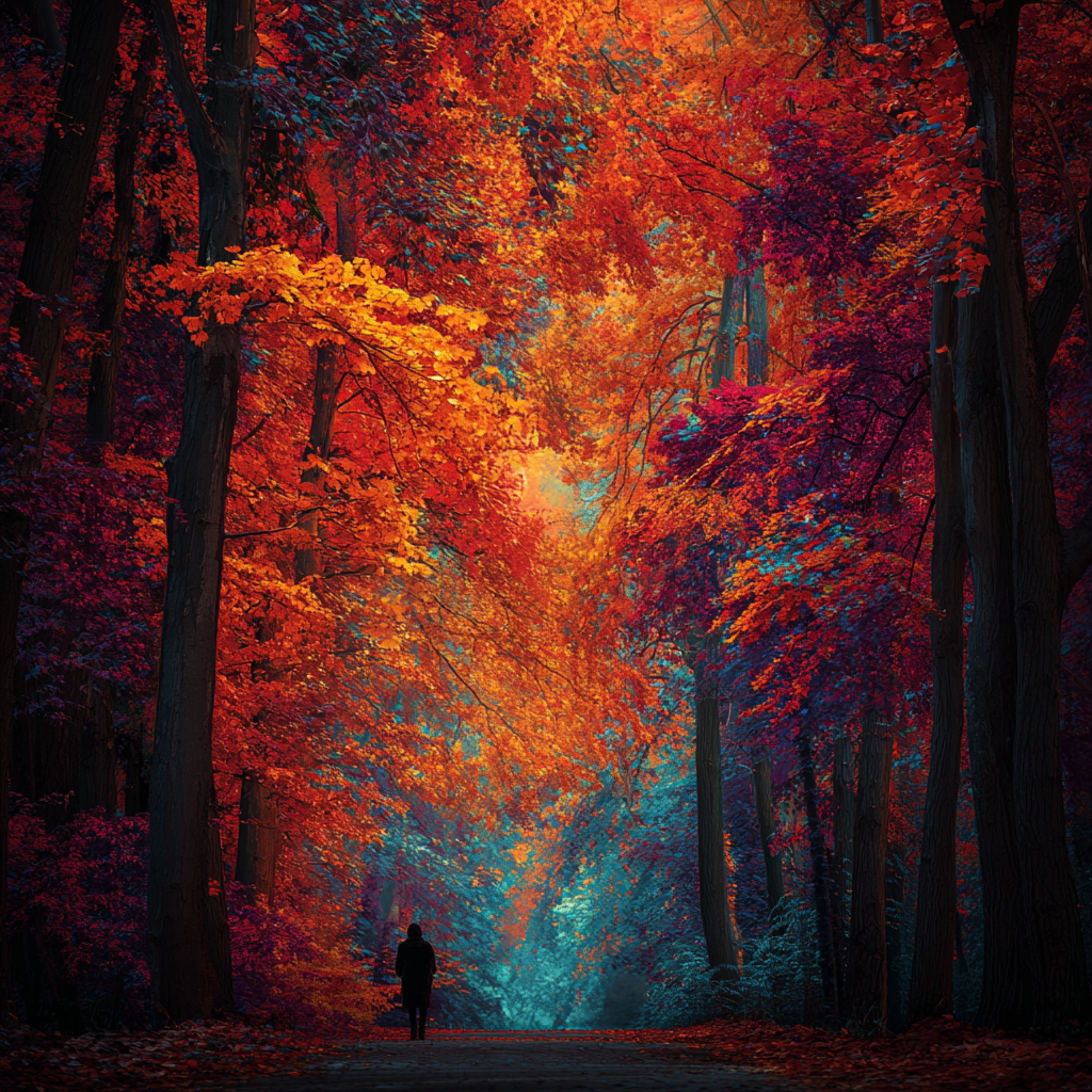 Leuchtender, farbintensiver Herbstwald mit einer einzelnen Person auf einem
Pfad
