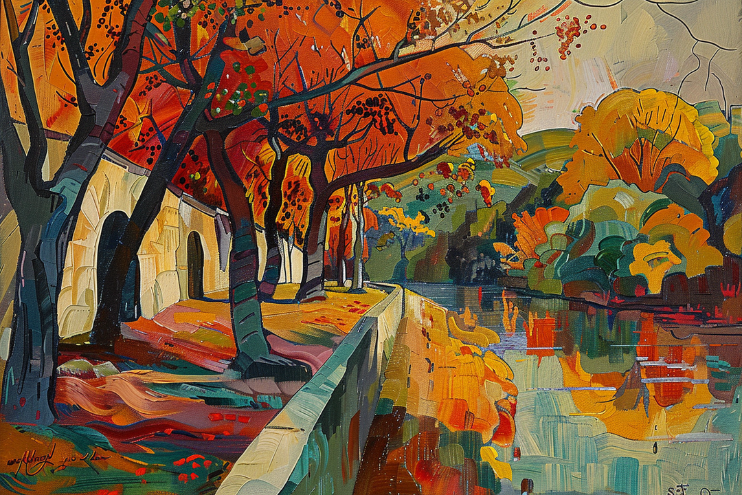 Farbenfrohes Gemälde einer Flusslandschaft im Herbst. Bäume mit orange-rotem Laub säumen eine Steinmauer am Ufer. Das Wasser spiegelt die herbstliche Farbpalette wider – warme Gelb-, Rot- und Grüntöne dominieren die Szene.
