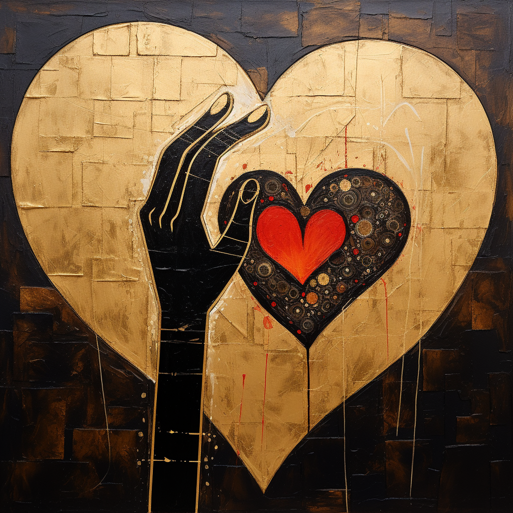 Abstraktes Gemälde mit einer schwarzen Hand, die ein rotes Herz in einem goldenen Herz hält – Symbol für Liebe, Geben und spirituelle Verbindung.
