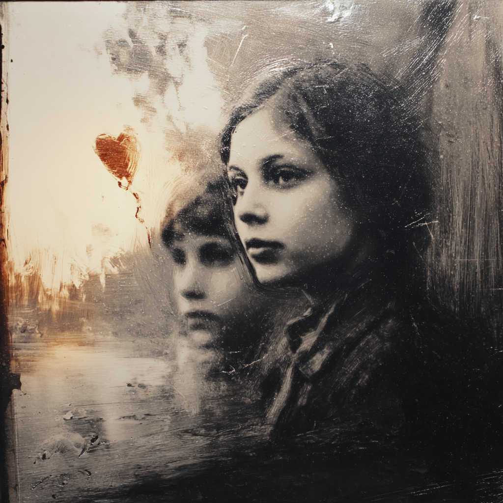 Zartes Porträt zweier Kinder in sepiafarbenem Licht mit Herzsymbol, nostalgisch und emotional.
