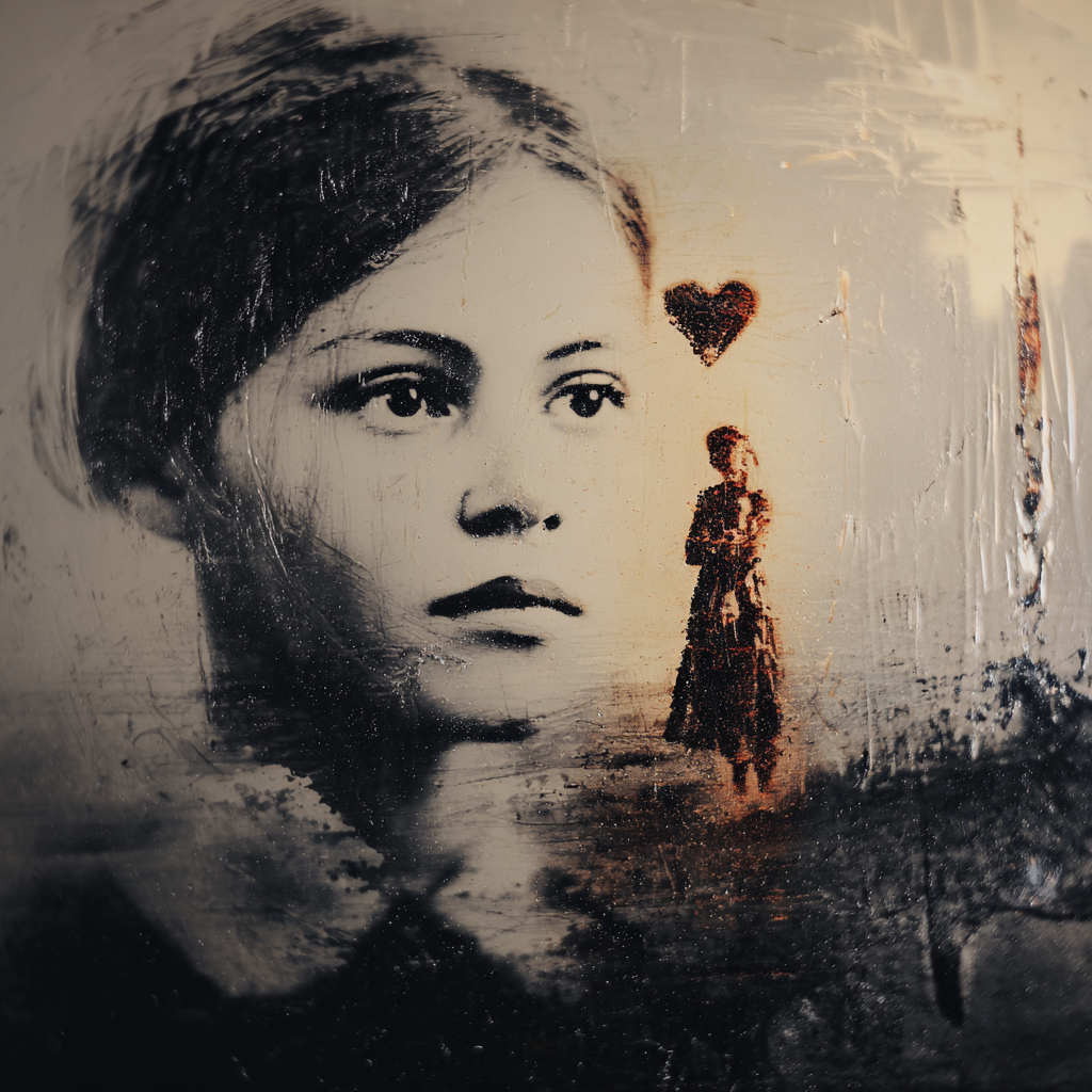 Poetisches Porträt einer Frau mit Herzsymbol und kleiner Figur, Symbol für Erinnerung und Gefühl.
