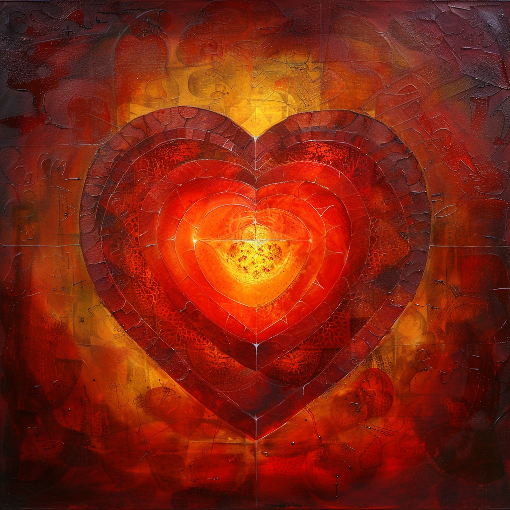 Abstraktes Gemälde eines leuchtenden Herzens in warmen Rottönen und goldener Mitte
