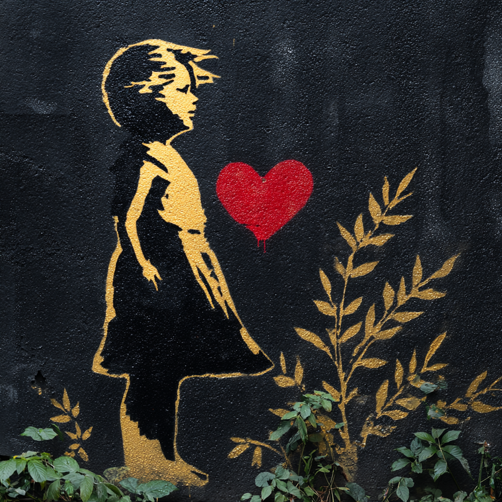 Street-Art-Stencil eines Kindes in Schwarz-Gold neben einem roten Herz und goldenen Pflanzenformen auf dunkler Wand.
