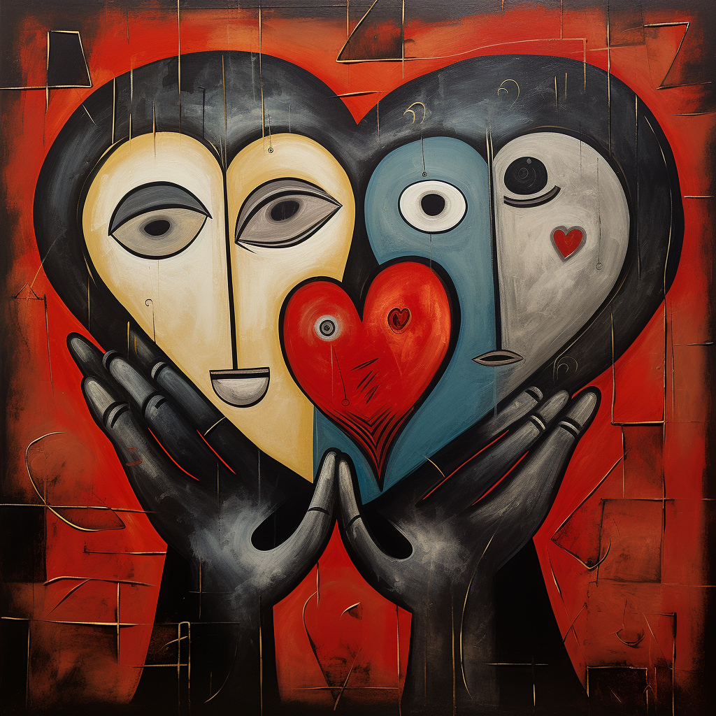 Abstraktes Gemälde mit zwei Gesichtern und Herzen in kräftigen Farben
